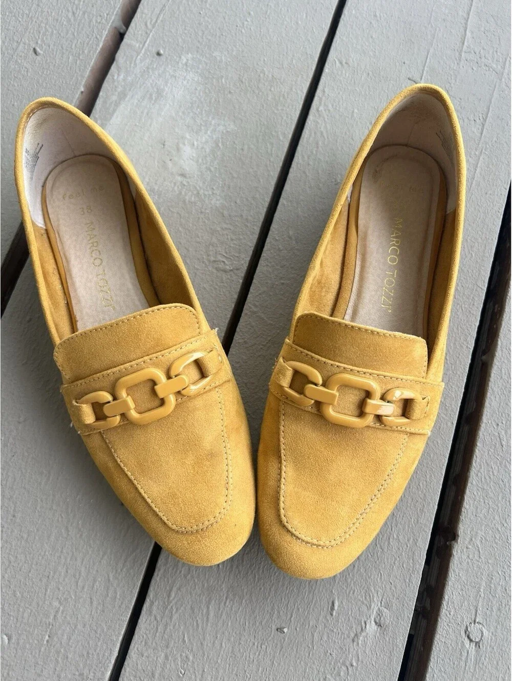 Marco Tozzi mustard yellow suede loafers chain buckle 38 Women’s 7.5